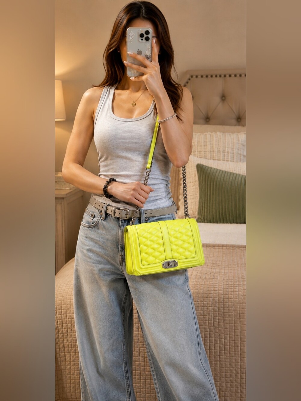 Rebecca Minkoff Quilted Lime Green Chain Crossbody Bag  MEDIUM ( NEW WITH TAG )
